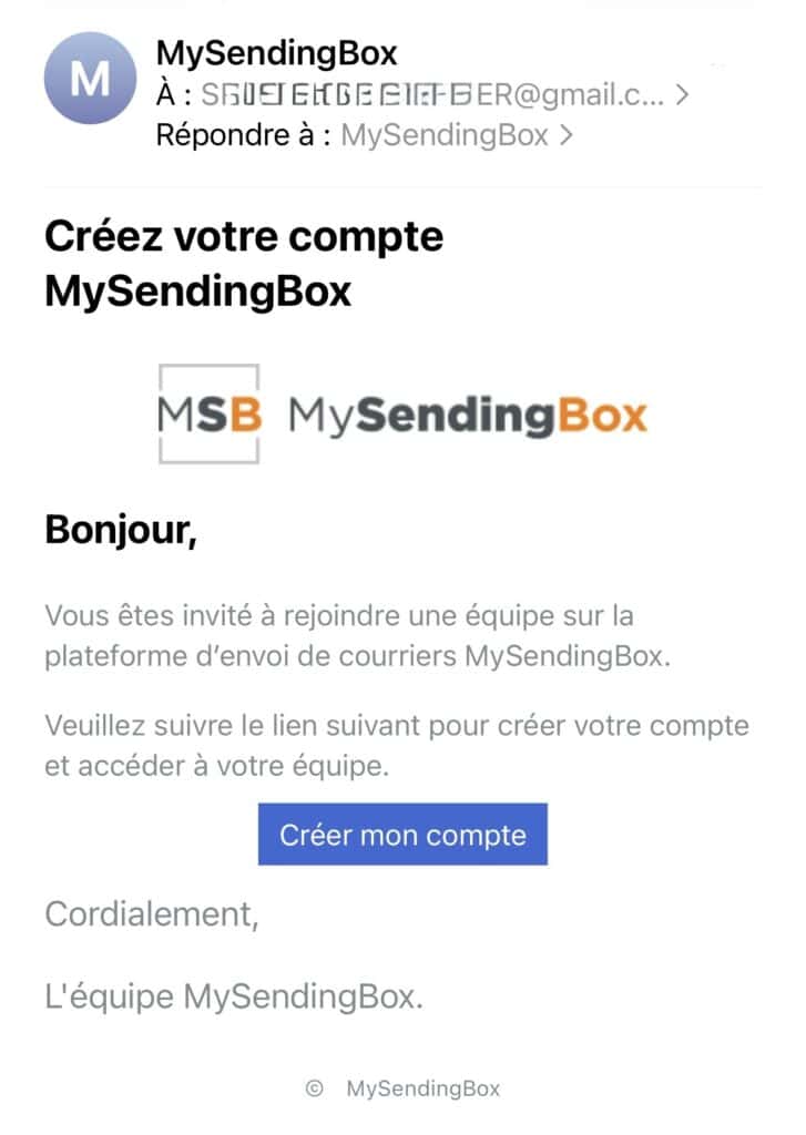 création d'équipe - mail d'invitation